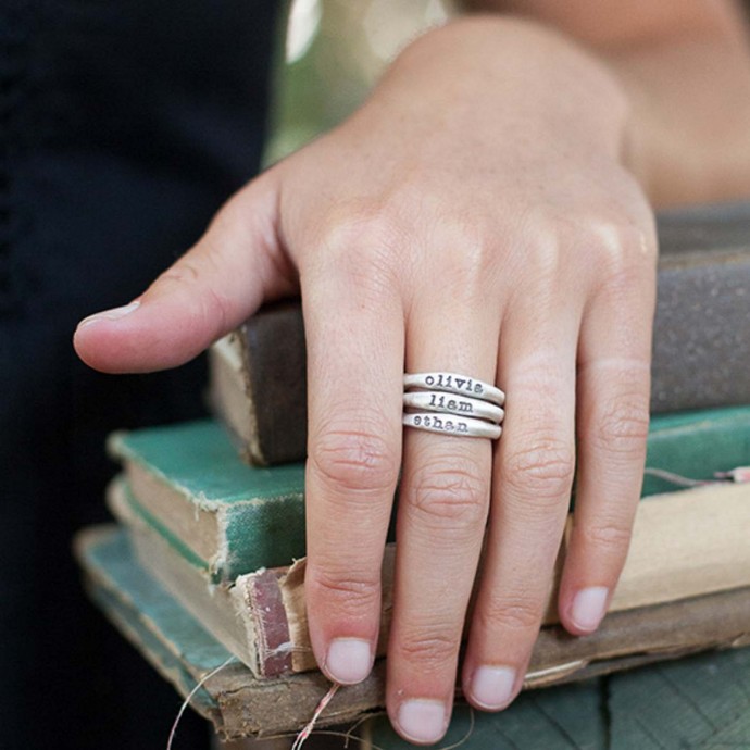 stacking name rings {10K White Gold} and their meaning by
