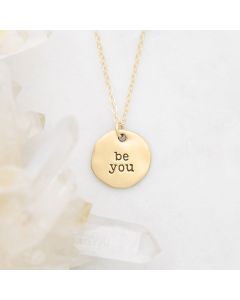 Be you disc necklace handcrafted in 14k yellow gold personalized with engraved names, dates, or message 