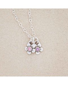 sterling silver birthstone bloom necklace with two flower charms containing 2mm genuine birthstones 