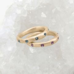 Stackable birthstone rings handcrafted in 14k yellow gold with 2mm birthstones 