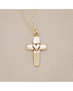 Handcrafted 14k yellow gold cross of faith necklace strung on a gold-filled link chain