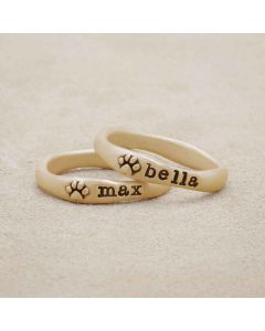 furry footprint 14k yellow gold stacking rings personalized with pet names