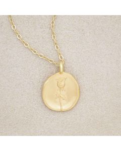 gold plated June birth flower necklace with an 18" gold filled link chain, on beige background