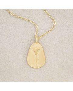 gold plated October birth flower necklace with an 18" gold filled link chain, on beige background