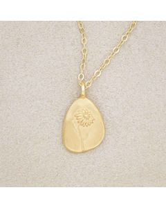 gold plated September birth flower necklace with an 18" gold filled link chain, on beige background