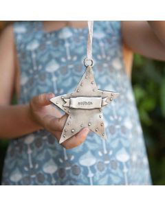 girl holding your spark ornament hand-molded and cast in fine pewter and personalized with a word, name or date