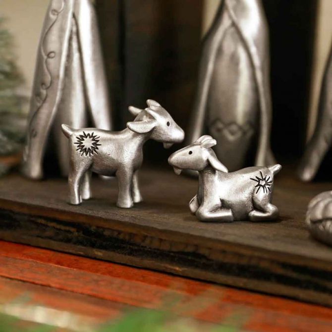 A Pair of Miniature Goats Nativity Figurine Set, cast in fine pewter, available as an add-on to the Lisa Leonard Nativity Set