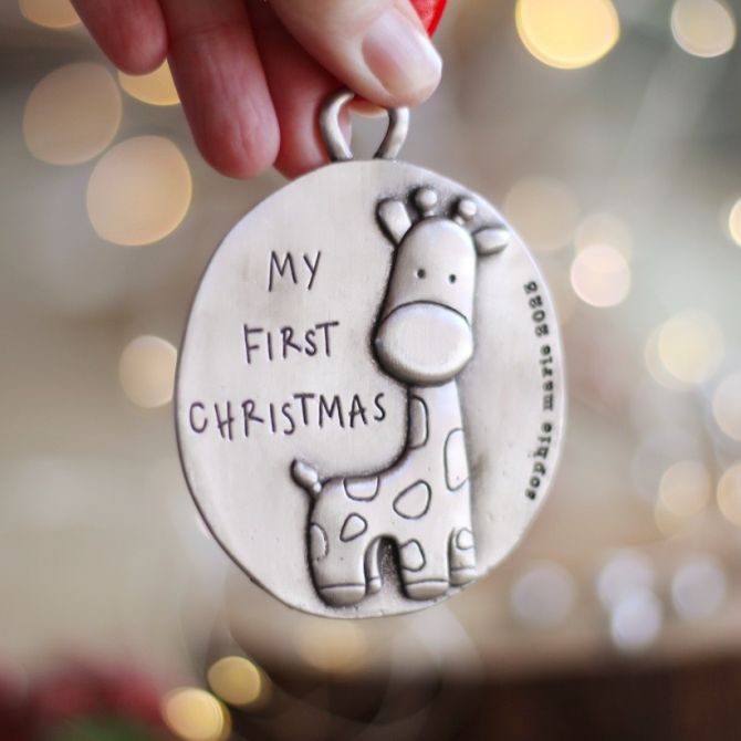 My First Christmas Ornament Giraffe in pewter personalizable up to 18 characters