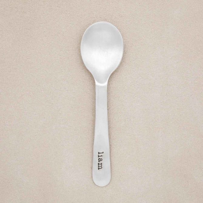 Adorable Baby’s First Spoon, handcrafted in pewter and personalized with a name