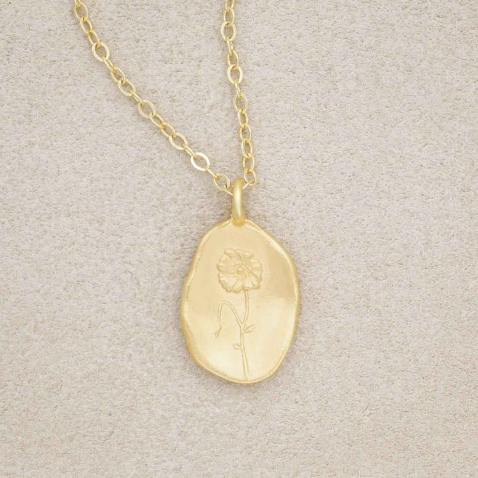 gold plated August birth flower necklace with an 18" gold filled link chain, on beige background