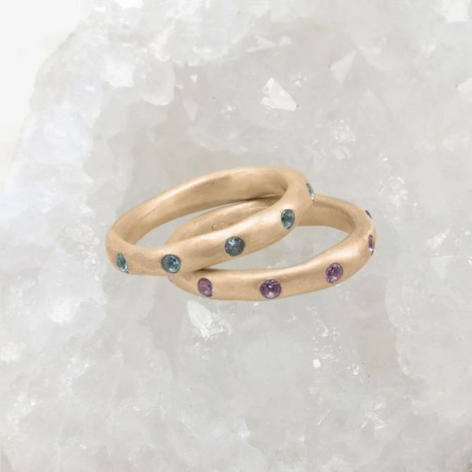 Stackable birthstone rings handcrafted in 10k yellow gold with 2mm birthstones 