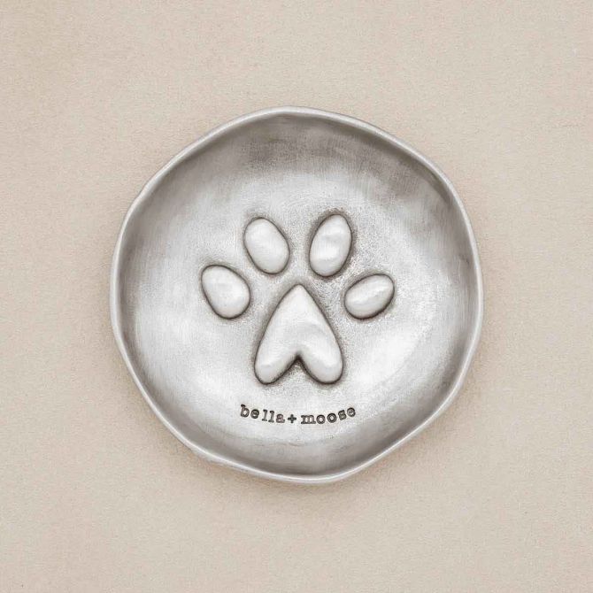 Furry Footprint Keepsake Dish, personalized with pet names, handcrafted in pewter