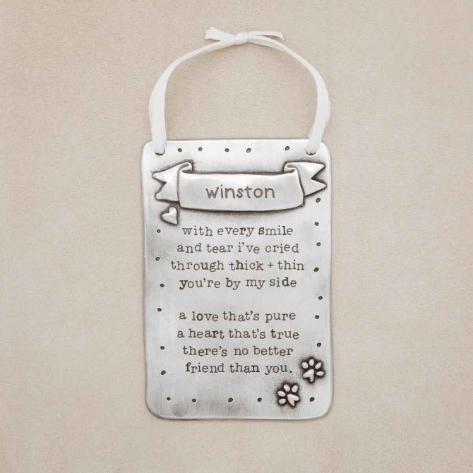 Furry Footprint Wall Hanging, hand crafted in pewter, engraved with a lovely poem about dogs, and personalized with a pet's name