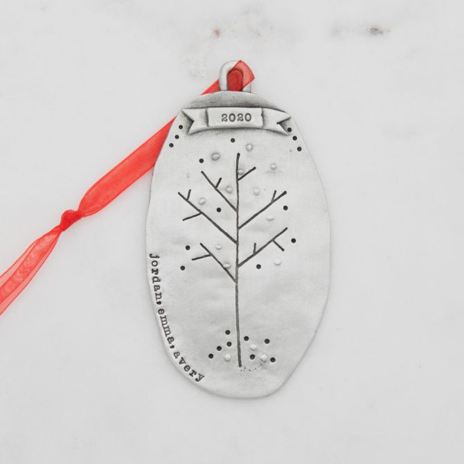Family tree ornament hand-molded and cast in fine pewter with hand-stamped personalization