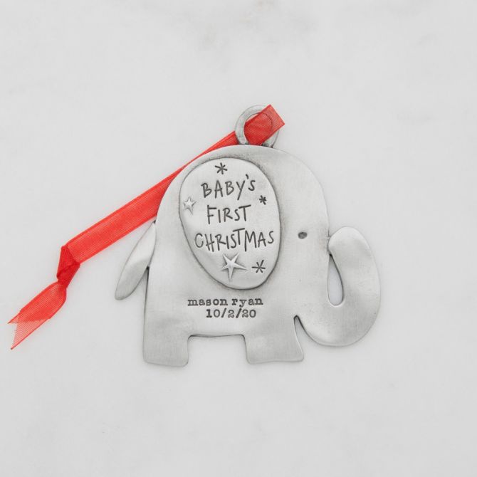 baby's first Christmas ornament of an elephant hand-molded and cast in fine pewter personalized with up to two lines with a name, phrase or date