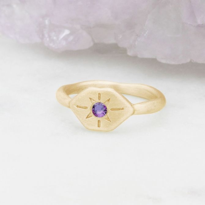 Nostalgia ring hand-molded and cast in 10k yellow gold set with a 3mm birthstone or diamond