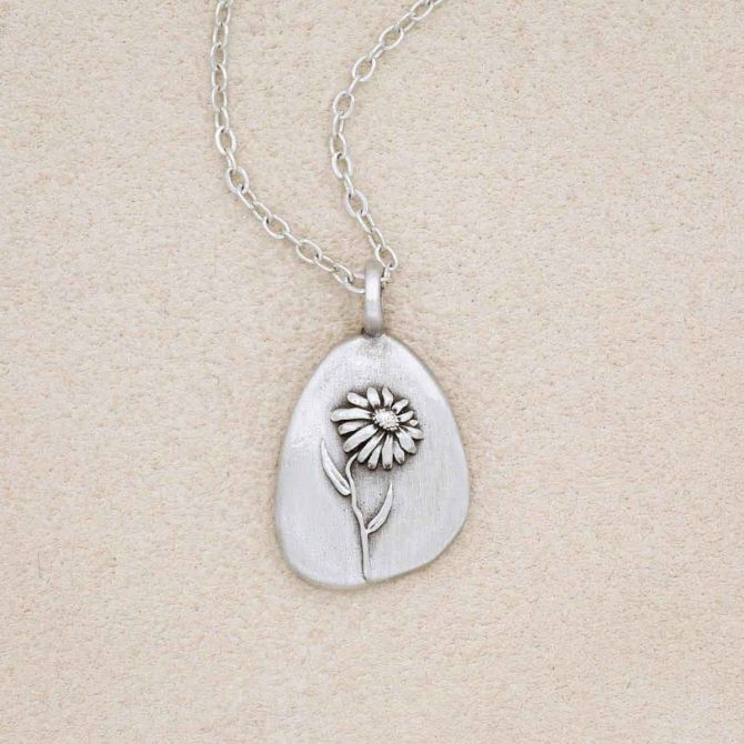 pewter September Birth Flower necklace with 18" link chain, on beige background