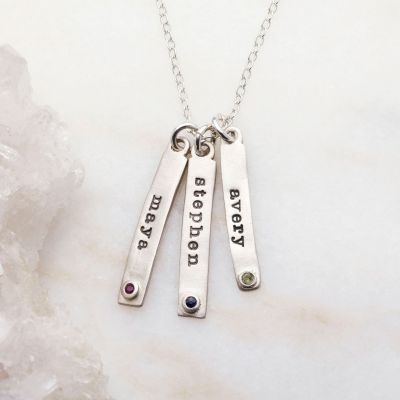 Bezel birthstone necklace handcrafted in sterling silver with choice of genuine stone or diamond and personalized with a special name