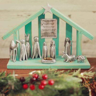 A savior is born limited edition pewter nativity set with 11 pewter pieces including Mary, Joseph, baby Jesus and his manger, three wisemen, a shepherd and handcrafted animals