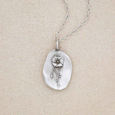 pewter August Birth Flower necklace with 18" link chain, on beige background