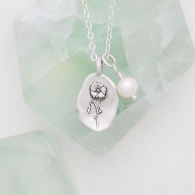 August birth flower necklace handcrafted in sterling silver with a special birth month charm strung with a vintage freshwater pearl
