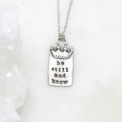 Be still necklace handcrafted in pewter with a matte brushed finish with inscribed message