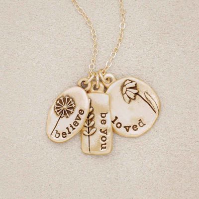 Personalized 10k yellow gold be you wildflowers necklace with 3 gold charms