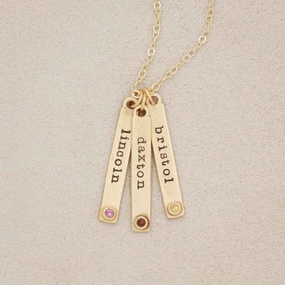 Bezel birthstone necklace handcrafted in 14k yellow gold with choice of genuine stone or diamond and personalized with a special name
