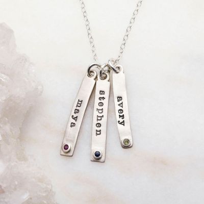Bezel birthstone necklace handcrafted in sterling silver with choice of genuine stone or diamond and personalized with a special name