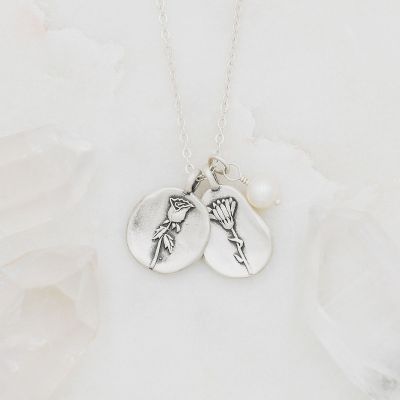 birth flower charms necklace handcrafted in sterling silver with a special birth month charm strung with a vintage freshwater pearl