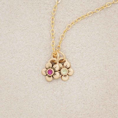 14k yellow gold birthstone bloom necklace with flower charms containing 2mm genuine birthstones 