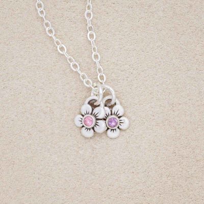 sterling silver birthstone bloom necklace with two flower charms containing 2mm genuine birthstones 