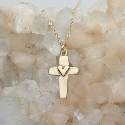 Handcrafted 10k yellow gold cross of faith necklace strung on a gold-filled link chain
