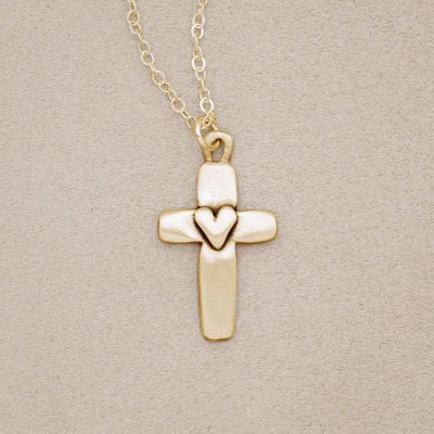 Handcrafted 14k yellow gold cross of faith necklace strung on a gold-filled link chain