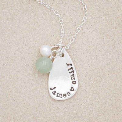 Dewdrops necklace handcrafted in sterling silver hung with a vintage freshwater pearl and aventurine stone and stamped with a special name or phrase