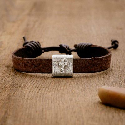 Equitable Leather Cross bracelet handcrafted in brown latigo leather with a pewter bead