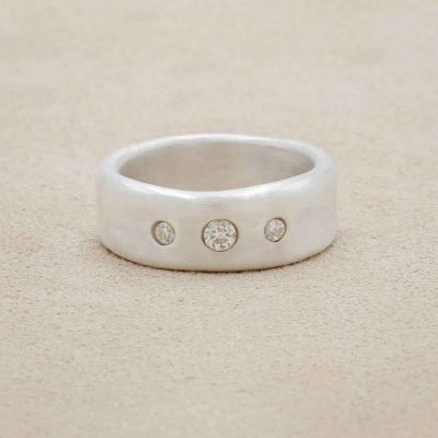 Faith Hope and Love ring hand-molded in 10k white gold set with a 3mm birthstone or diamond and two 2mm stones on the sides 