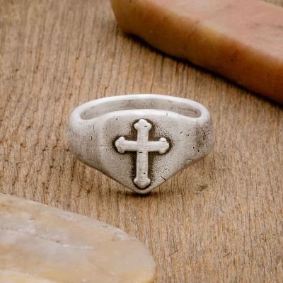 Faith Hope and Love Cross Signet ring handcrafted in sterling silver with an antiqued finish 