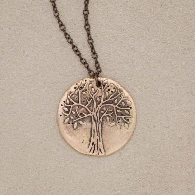 Family tree necklace handcrafted in bronze with a matte brushed finish and personalized with a quote or family name