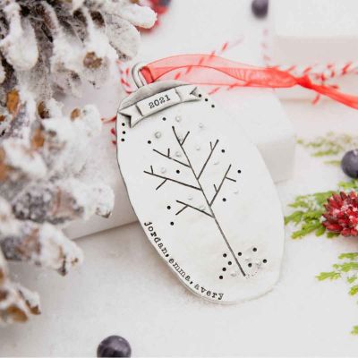 Family tree ornament hand-molded and cast in fine pewter with hand-stamped personalization