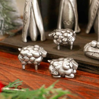 Flock of Sheep Nativity Figurine Set, including 3 sheep, hand cast in pewter and engraved with heart and star symbols