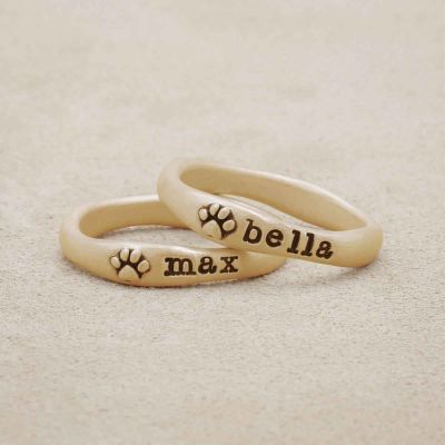 furry footprint 14k yellow gold stacking rings personalized with pet names