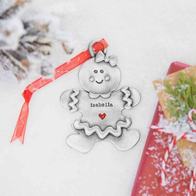 Gingerbread girl ornament hand-molded and cast in pewter with a personalized name