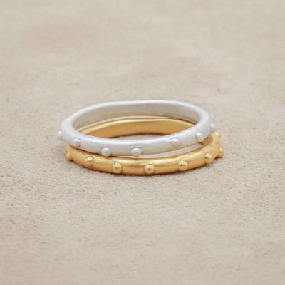 Happy dots stacking ring handcrafted in yellow gold plated sterling silver and stackable with other mix and match stacking rings
