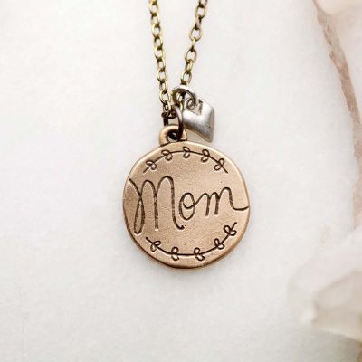 Heart to Heart Mom necklace handcrafted in bronze engraved and attached with a sterling silver heart charm