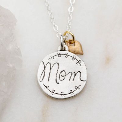 Heart to Heart mom necklace handcrafted in sterling silver engraved and attached with a bronze heart charm
