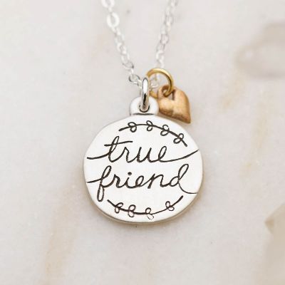 Heart to Heart true friend necklace handcrafted in sterling silver engraved and attached with a bronze heart charm