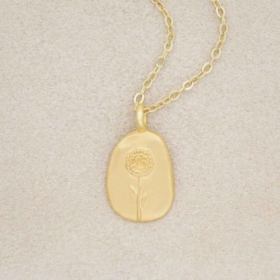 gold plated January birth flower necklace with an 18" gold filled link chain, on a beige background 