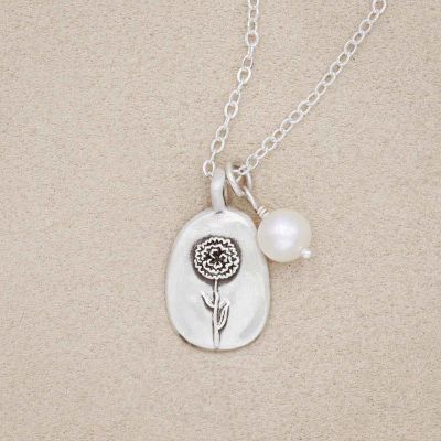 January birth flower necklace handcrafted in sterling silver with a special birth month charm strung with a vintage freshwater pearl