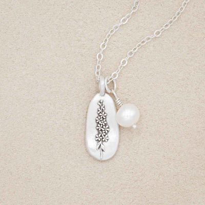 July birth flower necklace handcrafted in sterling silver with a special birth month charm strung with a vintage freshwater pearl